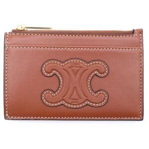 Celine Triomphe Card Holder Fragment Case Coin Brown Leather Gold